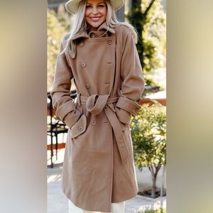 Christian Aujard Paris Vintage Camel Tan Button Belted Wool Coat Size Small
